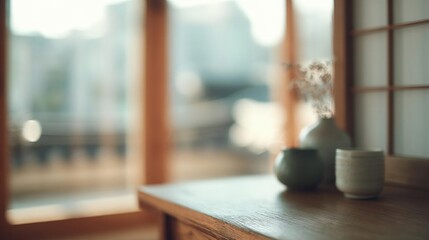 Wooden table with two vases on it. the vases are white and appear to be made of ceramic or porcelain. one of the vases has a small plant in it, while the other has a larger vase.