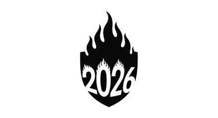 Bold shield emblem with fiery flames and the year 2026