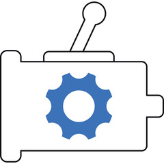 Simple Outline Illustration of a Blue Gear Inside a White Machine With a Lever on Top Against a Transparent Background