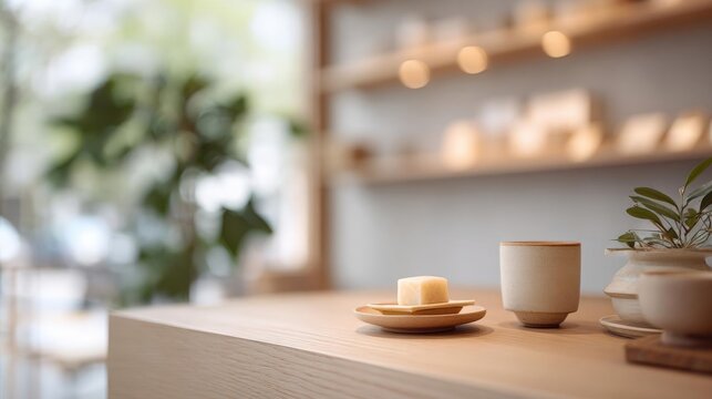 Wooden table with a few decorative items on it. on the left side of the table, there is a small potted plant with green leaves. - Powered by Adobe