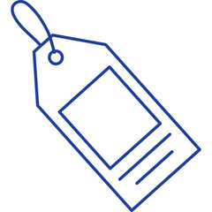 Simple outline drawing of a blue price tag or label with a blank square for text and lines for details on a transparent background