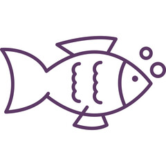 Simple outline drawing of a fish with bubbles on a transparent background in purple color