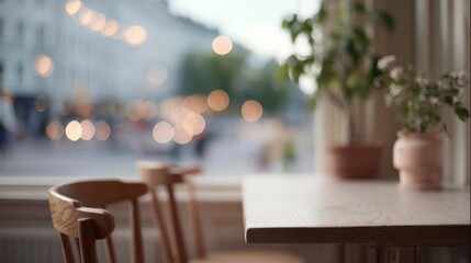 Wooden table and two wooden chairs in front of a large window with a view of a city street. the window is covered with string lights, creating a bokeh effect.