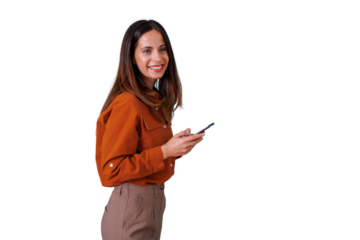 Woman happily using smartphone, texting, browsing social media, and connecting, transparent background