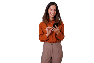 Smiling woman using smartphone, scrolling social media, texting and browsing online with transparent background