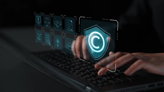 Digital copyright protection system showing secure ownership, intellectual property rights, content verification, and legal warning icons for creators and publishers Marrow