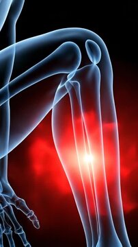 X-ray view of a human leg with glowing red pain in the shin bone, illustrating medical discomfort and injury.