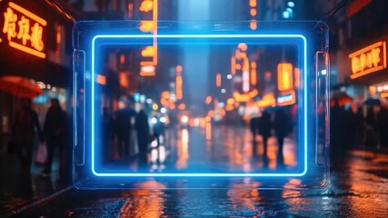 Video Outdoor advertisement on city street with bright blue neon sign