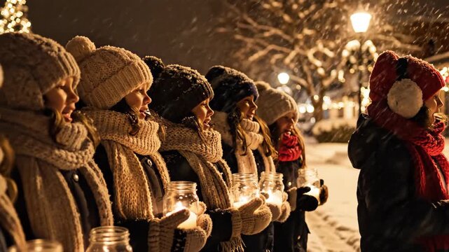 Group of women holding candles in winter during Christmas season  