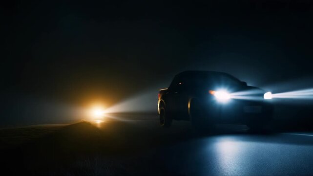 Car with headlights illuminating dark road at night  - Powered by Adobe