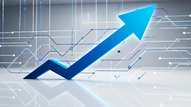 Blue Arrow Rising with Digital Lines and Reflections Abstract