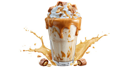 A single and delicious dessert caramel milkshake isolated on white background 