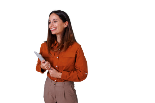 Professional businesswoman smiling, holding a digital tablet, looking away with a confident and happy expression