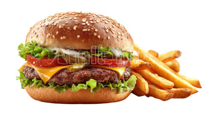 hamburger and fries on white background 