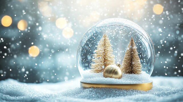 Capture the magic of the season with a golden Christmas snow globe scene, perfect for holiday promotions and festive winter greetings