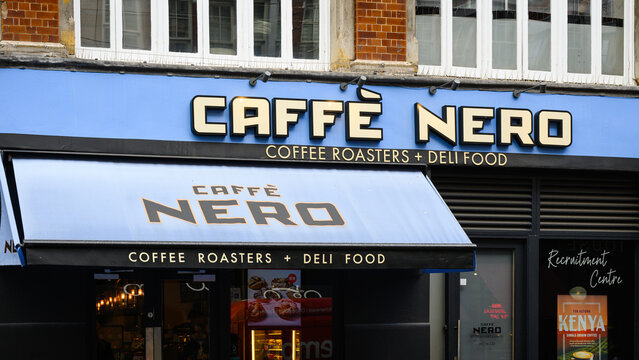 London, UK - September 10, 2025; Cafe sign and awning at Caffe Nero location for coffee and deli food