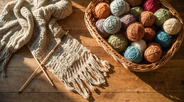 A collection of colorful yarn balls in a wicker basket, next to a knitted scarf and knitting needles, bathed in warm sunlight on a wooden table.