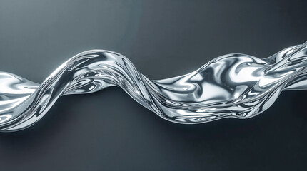 A flowing, liquid metal wave with a highly reflective surface, creating abstract patterns and highlights against a dark gray background.
