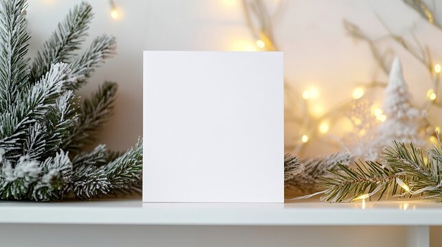 Create stunning holiday greetings with this elegant blank card mockup surrounded by festive snowy pine branches and sparkling fairy lights