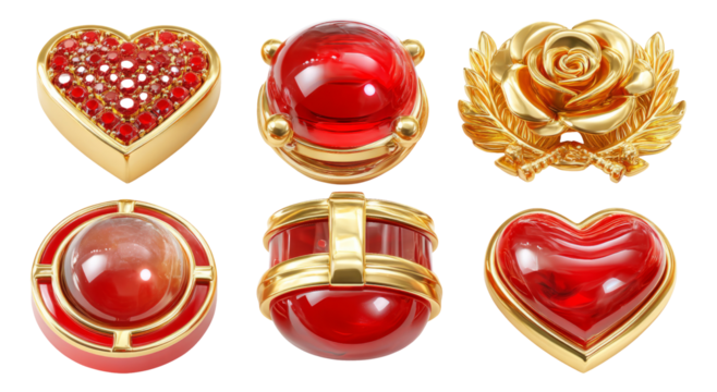 Luxurious 3D Crystal Love Relics in Glossy Red with Golden Accents on Isolated Background