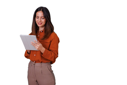 Woman smiling and holding a modern digital tablet, browsing social media or working, on a transparent background - Powered by Adobe