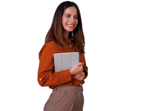 Smiling female entrepreneur holding a tablet, engaging with digital communication and smart technology, ideal for business and education