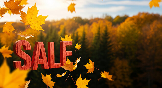 Red wooden letters form the word "SALE" with falling yellow maple leaves, representing autumn discounts, promotion, and seasonal deals