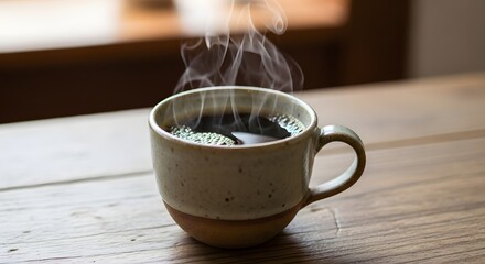 A cup of coffee emitting steam sits on a wooden table near a window. The dark, rich coffee in a ceramic cup evokes warmth and comfort