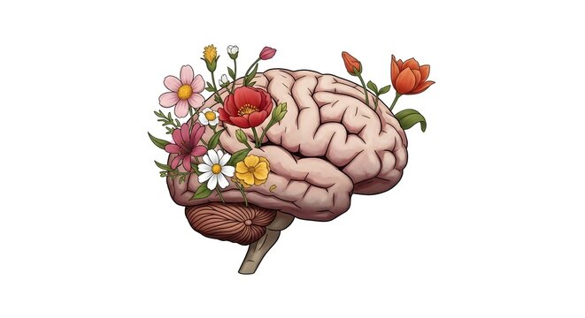 A vibrant illustration of a human brain with blooming flowers sprouting from it, symbolizing creativity and mental growth