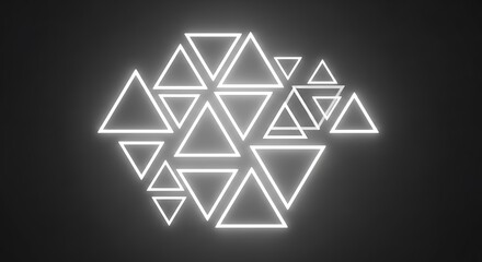 Abstract geometric pattern of glowing white neon triangles on a dark background