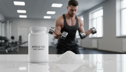 Muscle Fuel supplement bottle, dumbbell workout male athlete in bright gym. Ideal for protein, fitness, health, strength, bodybuilding, sports nutrition, modern