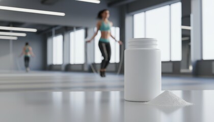 Protein supplement bottle, heap of powder, woman jumping rope in bright gym. Best for fitness, nutrition, routine, energy, sports, health, training, workout, minimal.