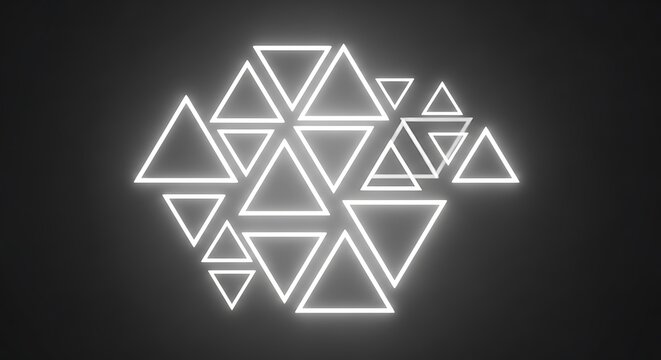 Abstract geometric pattern of glowing white neon triangles on a dark background - Powered by Adobe