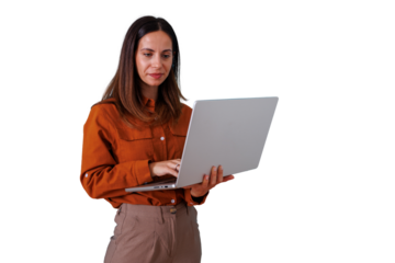 Woman standing and working on laptop, typing on keyboard for remote business communication, transparent background