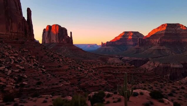 Arizona desert landscape at sunrise offering cinematic view of buttes and mesas at iconic monument valley showcasing dramatic geography
