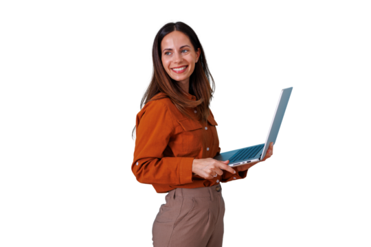 Confident woman working on laptop, smiling, showing successful remote work and modern technology use