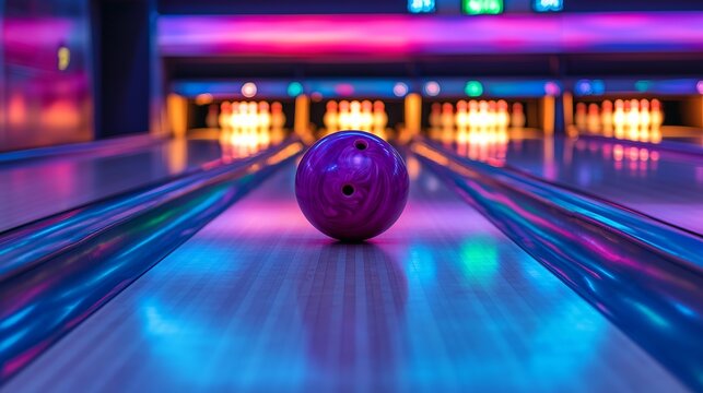 Get ready to strike it big with this purple bowling ball in a neon-lit bowling alley - perfect for sports, leisure, and entertainment projects! - Powered by Adobe