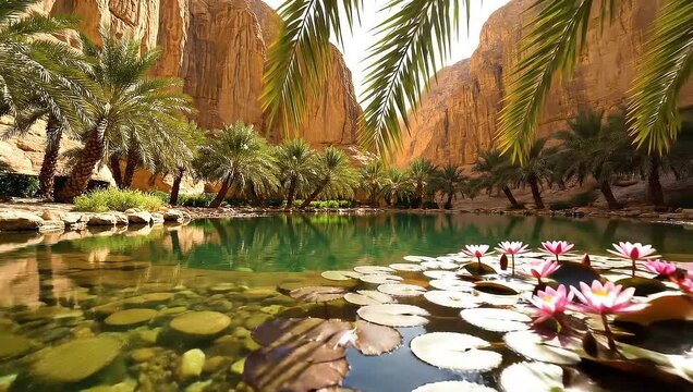 Cinematic Oasis View of Saudi Arabia Nature With Lily Pads on Water, Palm Trees Near Canyon in Al Ula Beautiful Tourist Destination Footage