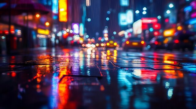 Experience the electric energy of a rainy night in the city, with vibrant neon lights reflecting off the wet pavement for a dramatic urban mood