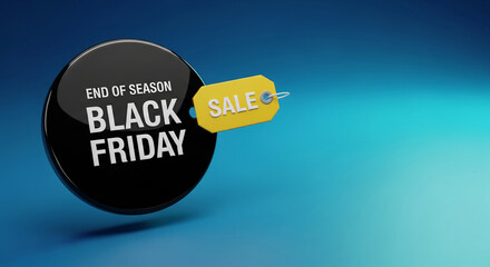 Image displays a black circular sign with "Black Friday" text and a yellow rectangular tag with "Sale" text, representing promotional event, discount