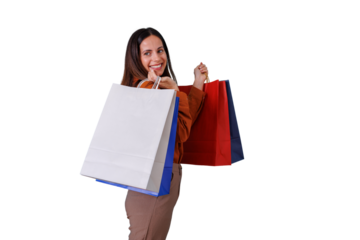 Woman smiling holding shopping bags, enjoying consumer retail experience, happy about purchasing new items