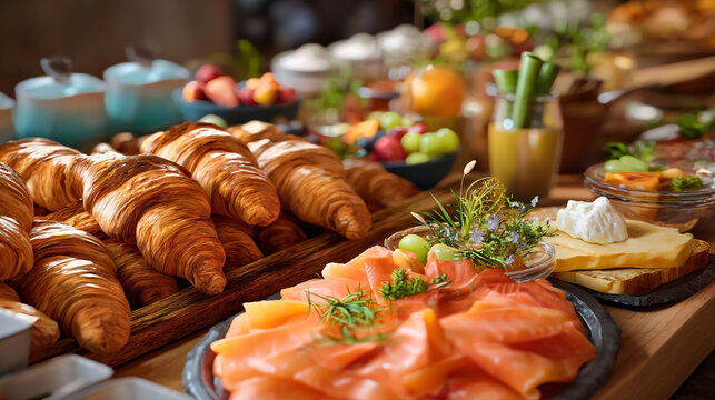 A Culinary Journey of Gourmet Delights: An array of breakfast pastries, and delectable savory options arranged artfully. A perfect moment to indulge in refined flavors and culinary exploration.