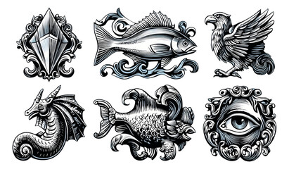 Detailed Engraving of Mythical Creatures and Nature Elements in Vintage Style