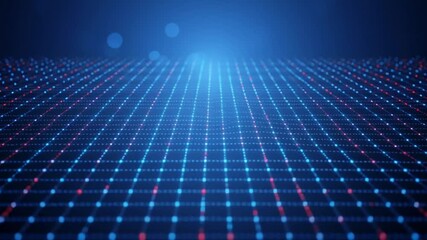 Flowing data particles on a vibrant digital grid plane creating a futuristic concept of network and information technology - Powered by Adobe