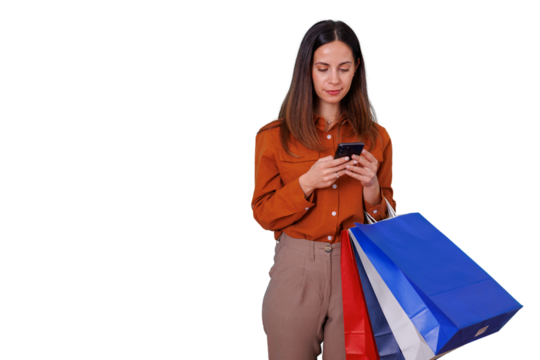 Woman online shopping using smartphone while holding colorful paper bags, finding deals and promotions, transparent background