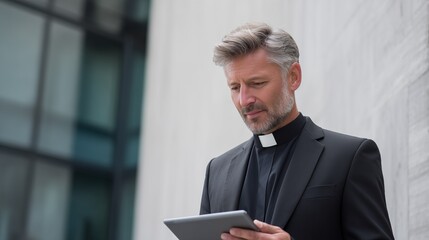 Priest using digital tablet outside modern building with clean architectural lines