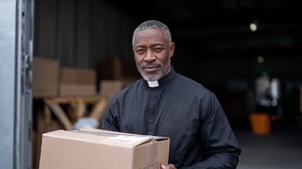 Priest holding cardboard box inside warehouse during community service work