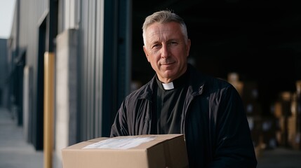 Priest carrying cardboard box outside warehouse in warm afternoon light