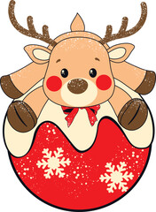 Cute Christmas reindeer sitting in holiday ornament festive cartoon vector illustration.