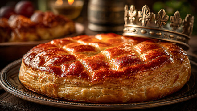 Galette des rois &agrave; la frangipane avec couronne